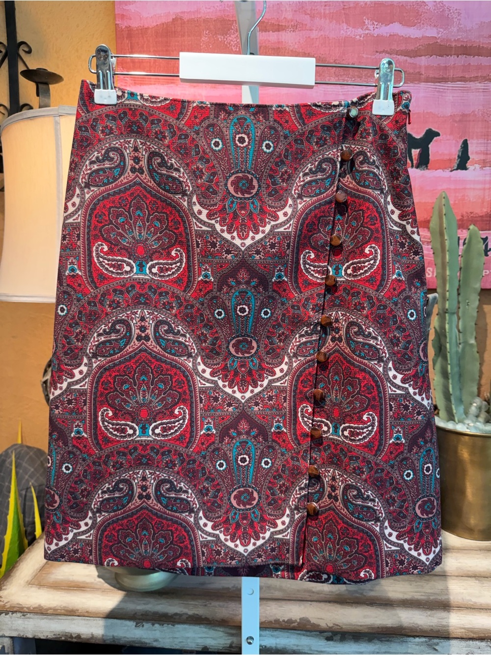 TALBOTS Red Paisley Mini Skirt with Button Trim